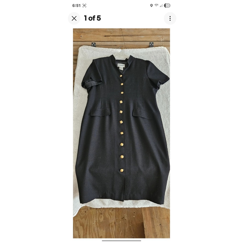 Plaza South Vintage Black Button Front Shift Dress Gold Buttons Size 18 02-42204
